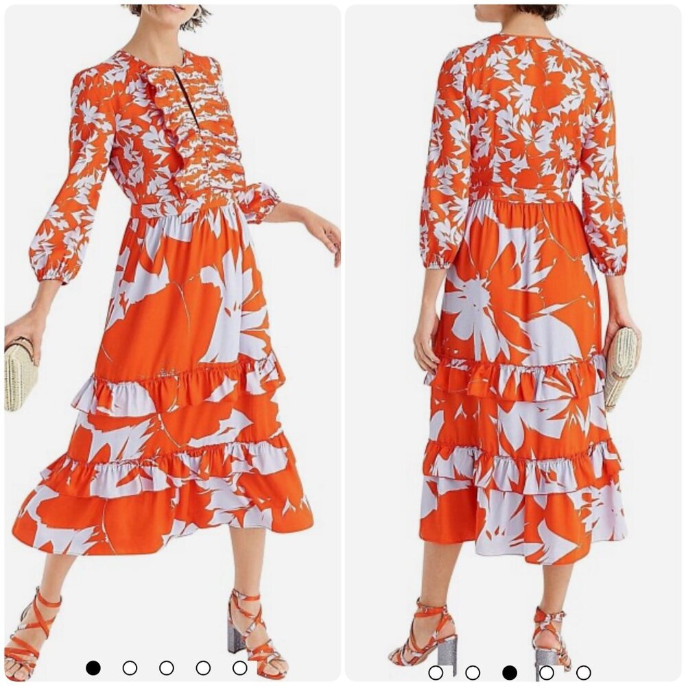 J.Crew Floral Ruffle Midi Dress Size 6 Orange Vibrant Long Sleeves Tiered Party